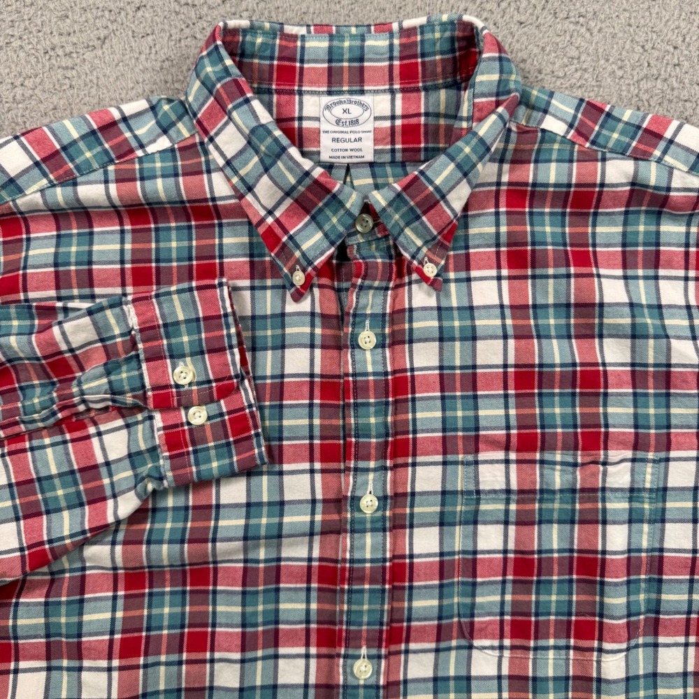 Brooks Brothers Shirt Men XL Plaid Cotton Wool Button Down Regular Fit
